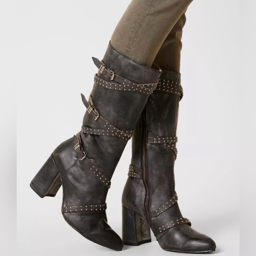 Freebird JAX Strappy Tall Distressed Leather Riding Boots Size 10 - Picture 5 of 16